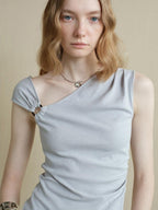 someonesometimes Versatile Patchwork One Shoulder Slim Fit Cotton Blend Pullover Top