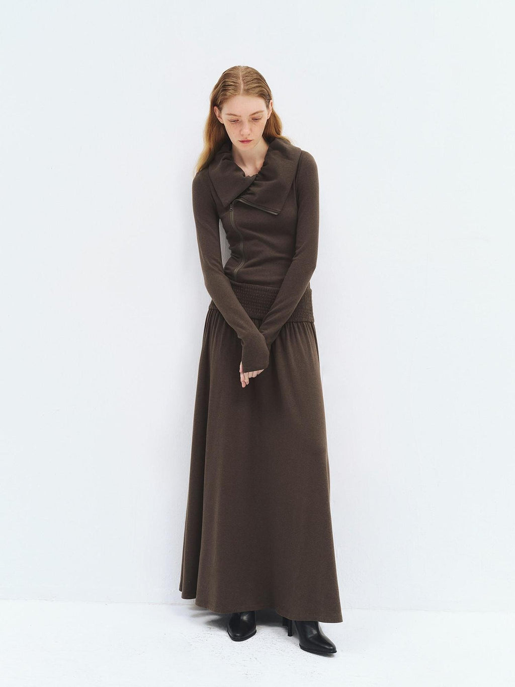 someonesometimes Viscose Blend Minimalist Long Sleeve H Cut Slim Women Travel Maxi Dresses