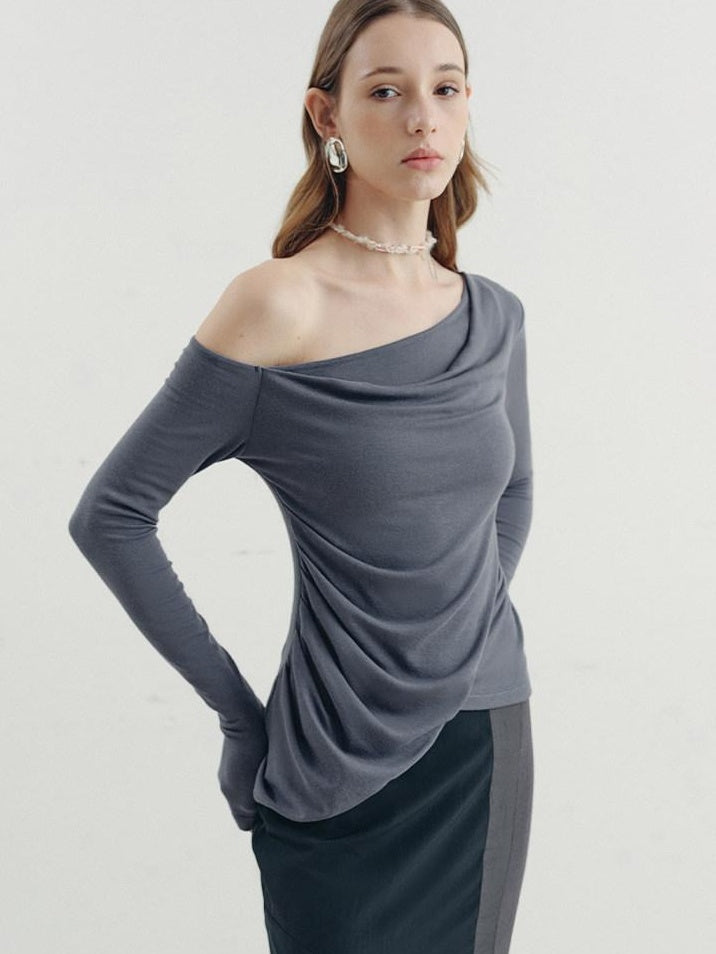 someonesometimes Viscose Blend Slim Long Sleeve Round Neck Women Mist Blue Off Shoulder Crop Tops