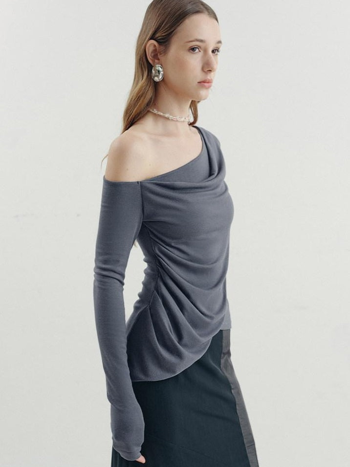 someonesometimes Viscose Blend Slim Long Sleeve Round Neck Women Mist Blue Off Shoulder Crop Tops
