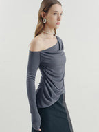 someonesometimes Viscose Blend Slim Long Sleeve Round Neck Women Mist Blue Off Shoulder Crop Tops