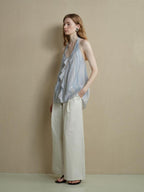 someonesometimes Viscose Blend Wavy Ruffle Relaxed Workwear Spaghetti Strap Mist Blue Camisoles