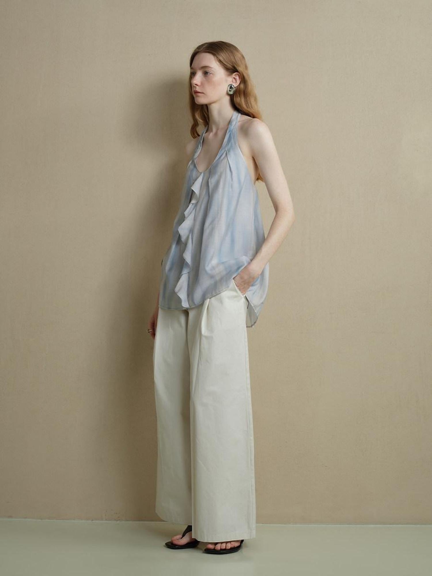 someonesometimes Viscose Blend Wavy Ruffle Relaxed Workwear Spaghetti Strap Mist Blue Camisoles