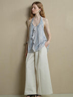 someonesometimes Viscose Blend Wavy Ruffle Relaxed Workwear Spaghetti Strap Mist Blue Camisoles