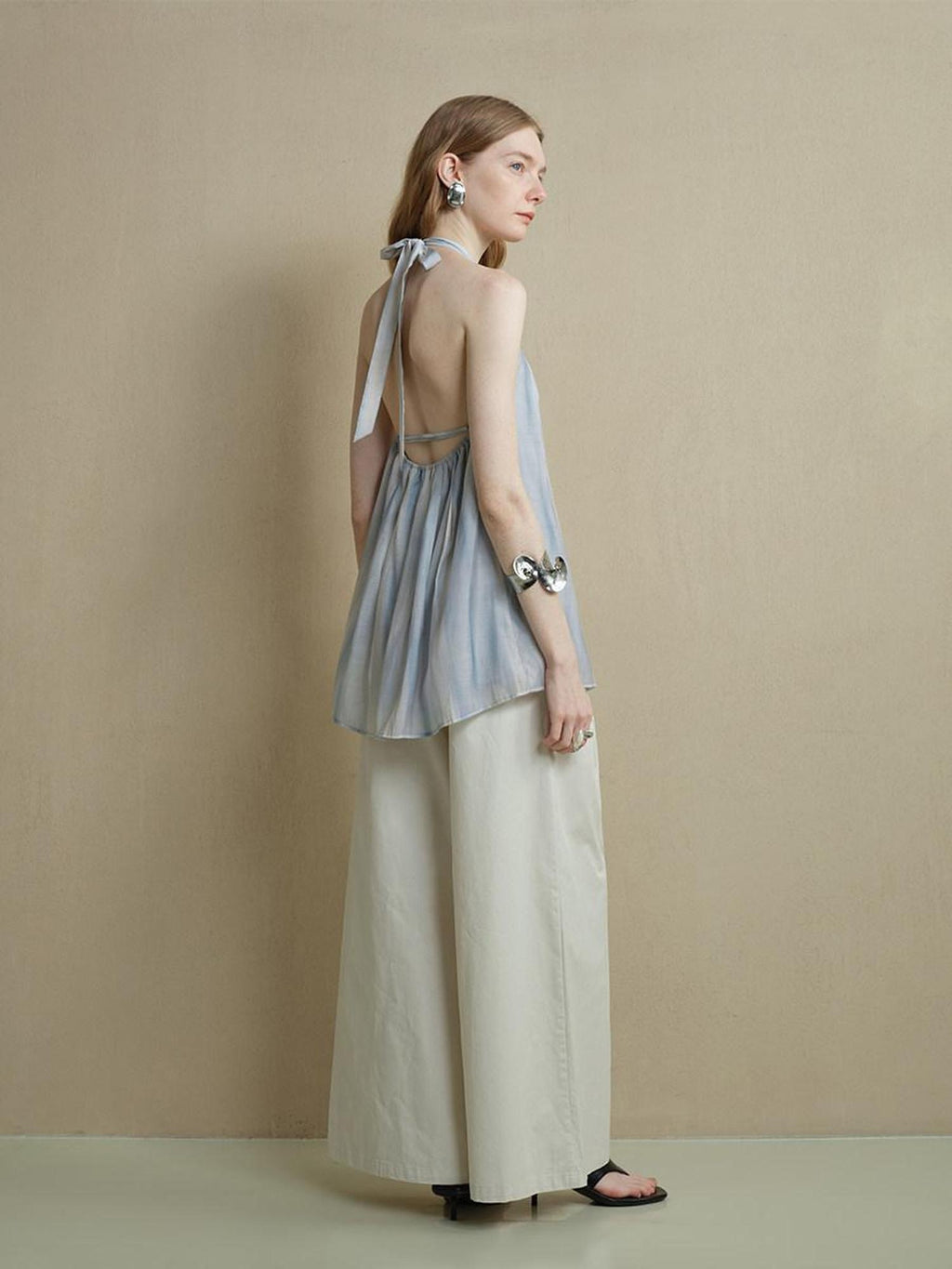 someonesometimes Viscose Blend Wavy Ruffle Relaxed Workwear Spaghetti Strap Mist Blue Camisoles