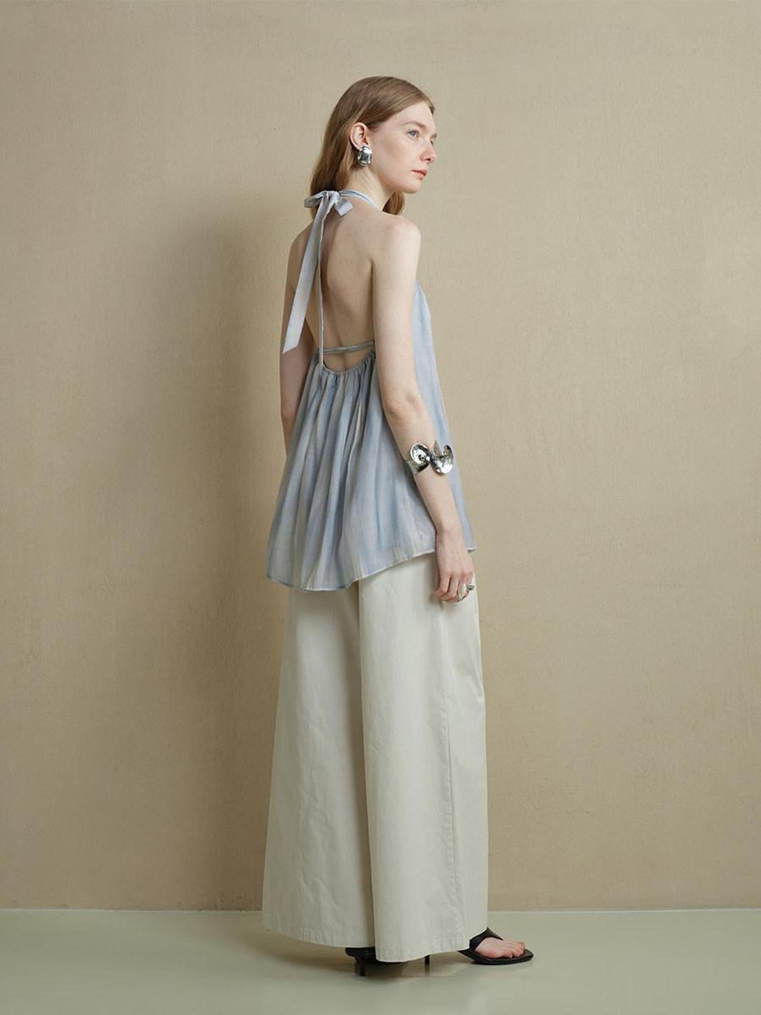someonesometimes Viscose Blend Wavy Ruffle Relaxed Workwear Spaghetti Strap Mist Blue Camisoles