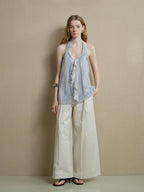 someonesometimes Viscose Blend Wavy Ruffle Relaxed Workwear Spaghetti Strap Mist Blue Camisoles