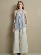 someonesometimes Viscose Blend Wavy Ruffle Relaxed Workwear Spaghetti Strap Mist Blue Camisoles