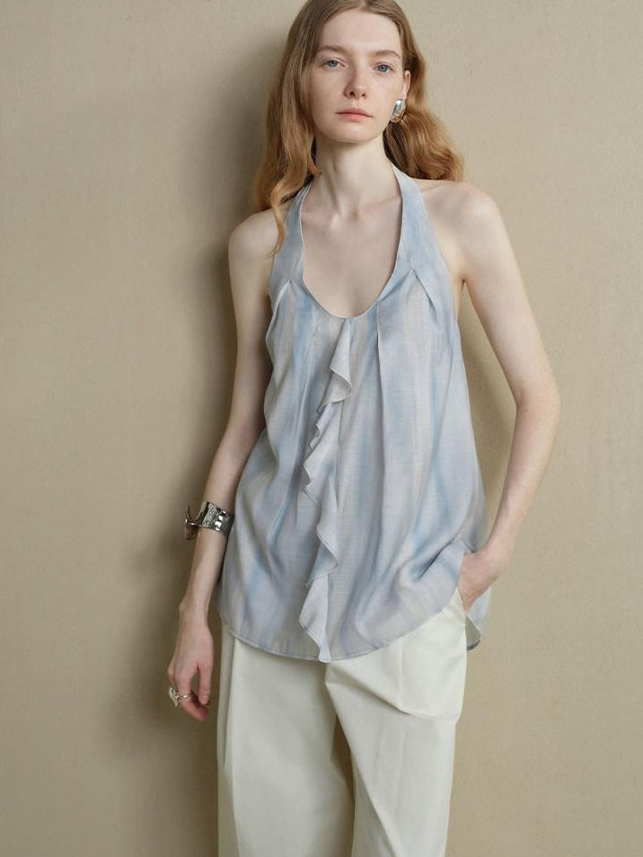 someonesometimes Viscose Blend Wavy Ruffle Relaxed Workwear Spaghetti Strap Mist Blue Camisoles