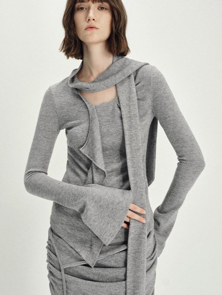 someonesometimes Viscose Knit Pullover Two Piece Heather Grey Crewneck Women Top & Skirt Sets