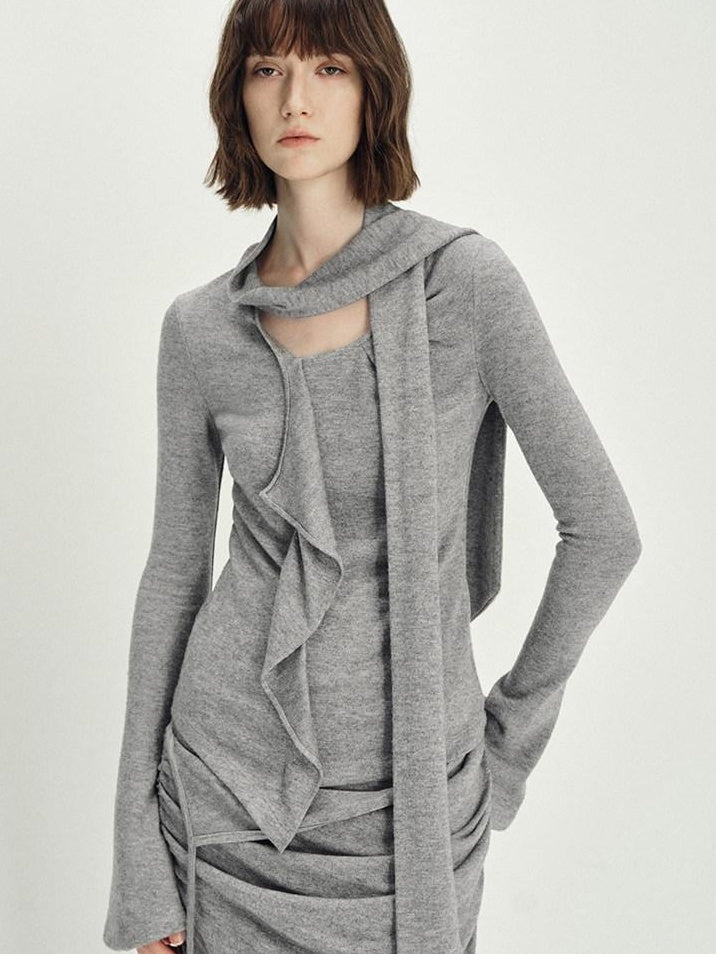someonesometimes Viscose Knit Pullover Two Piece Heather Grey Crewneck Women Top & Skirt Sets