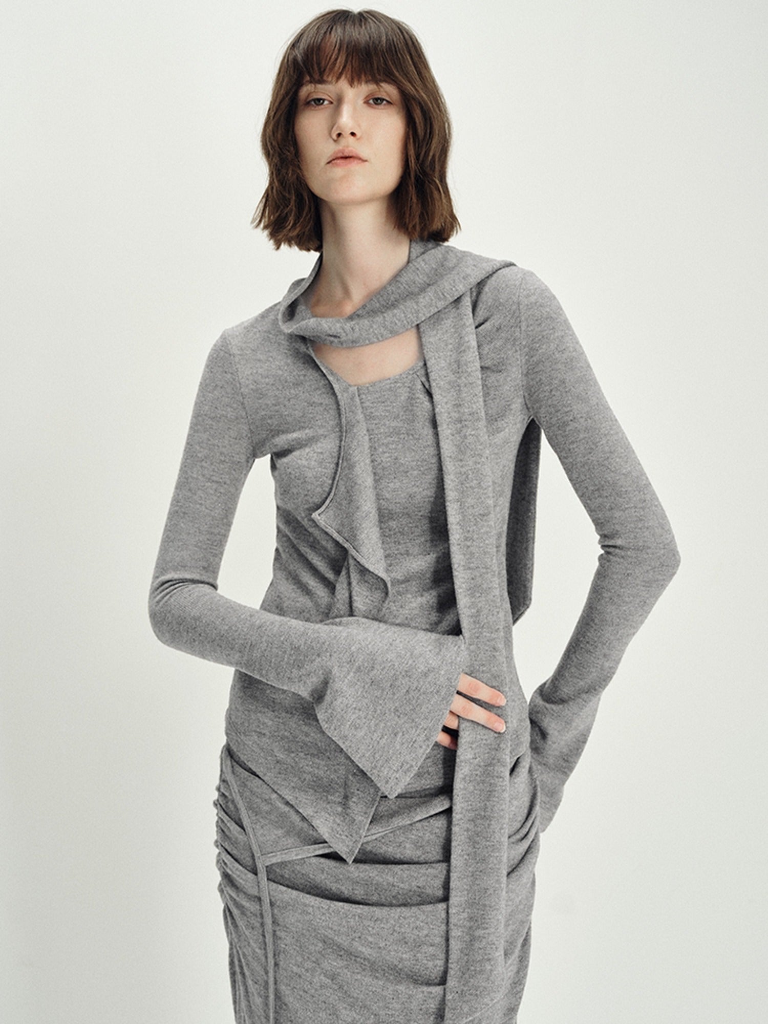 someonesometimes Viscose Knit Pullover Two Piece Heather Grey Crewneck Women Top & Skirt Sets