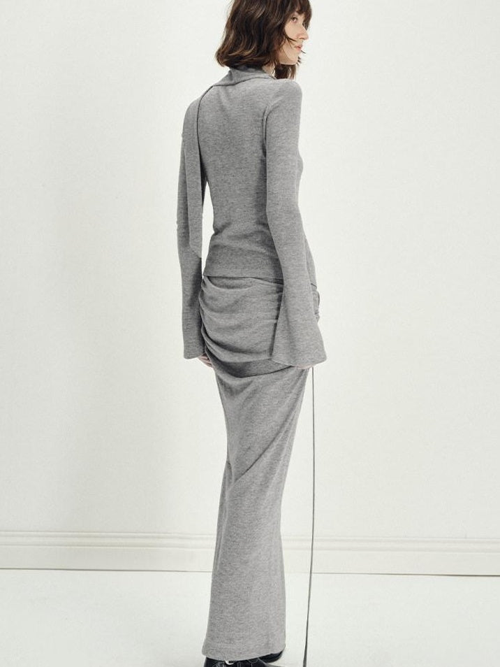 someonesometimes Viscose Knit Pullover Two Piece Heather Grey Crewneck Women Top & Skirt Sets