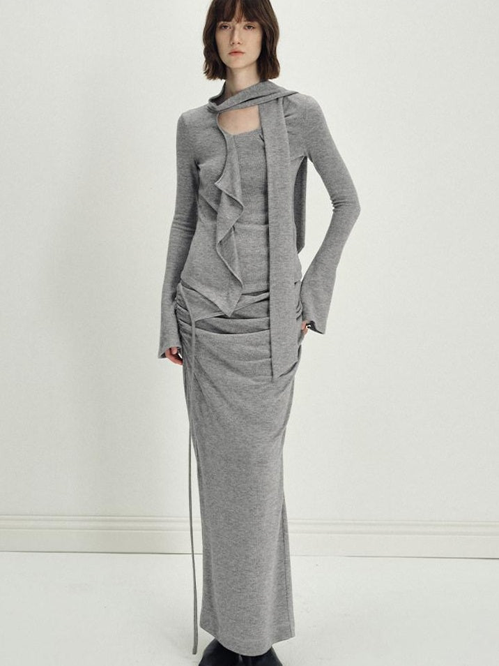 someonesometimes Viscose Knit Pullover Two Piece Heather Grey Crewneck Women Top & Skirt Sets