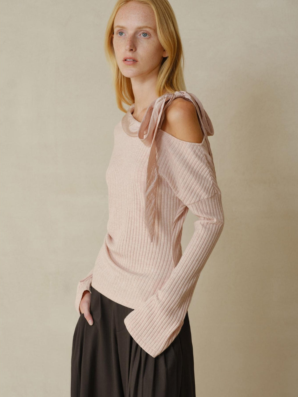 someonesometimes Viscose Nylon Blend Slim One Shoulder Tie Long Sleeve Women Dusty Pink Top
