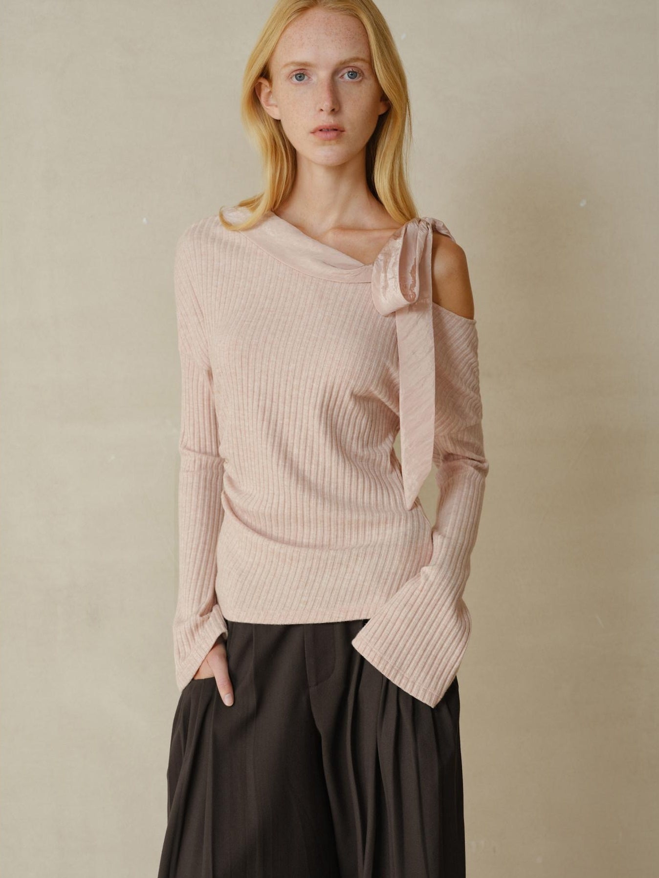 someonesometimes Viscose Nylon Blend Slim One Shoulder Tie Long Sleeve Women Dusty Pink Top