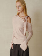 someonesometimes Viscose Nylon Blend Slim One Shoulder Tie Long Sleeve Women Dusty Pink Top