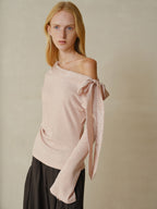 someonesometimes Viscose Nylon Blend Slim One Shoulder Tie Long Sleeve Women Dusty Pink Top
