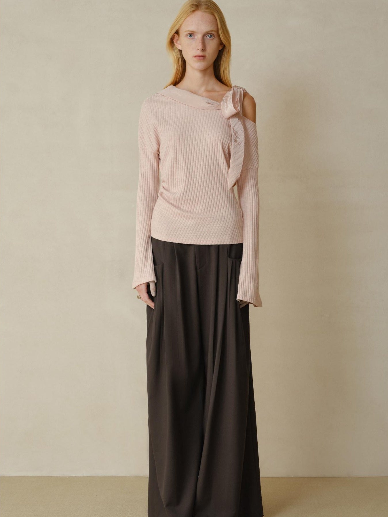 someonesometimes Viscose Nylon Blend Slim One Shoulder Tie Long Sleeve Women Dusty Pink Top