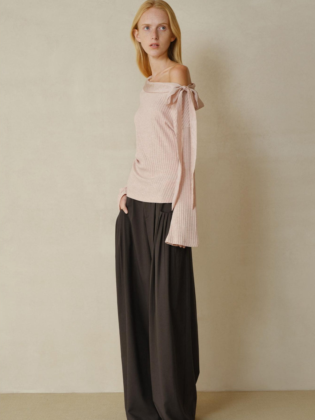 someonesometimes Viscose Nylon Blend Slim One Shoulder Tie Long Sleeve Women Dusty Pink Top