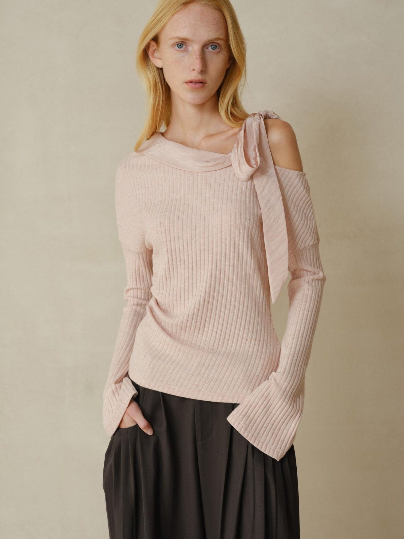 someonesometimes Viscose Nylon Blend Slim One Shoulder Tie Long Sleeve Women Dusty Pink Top
