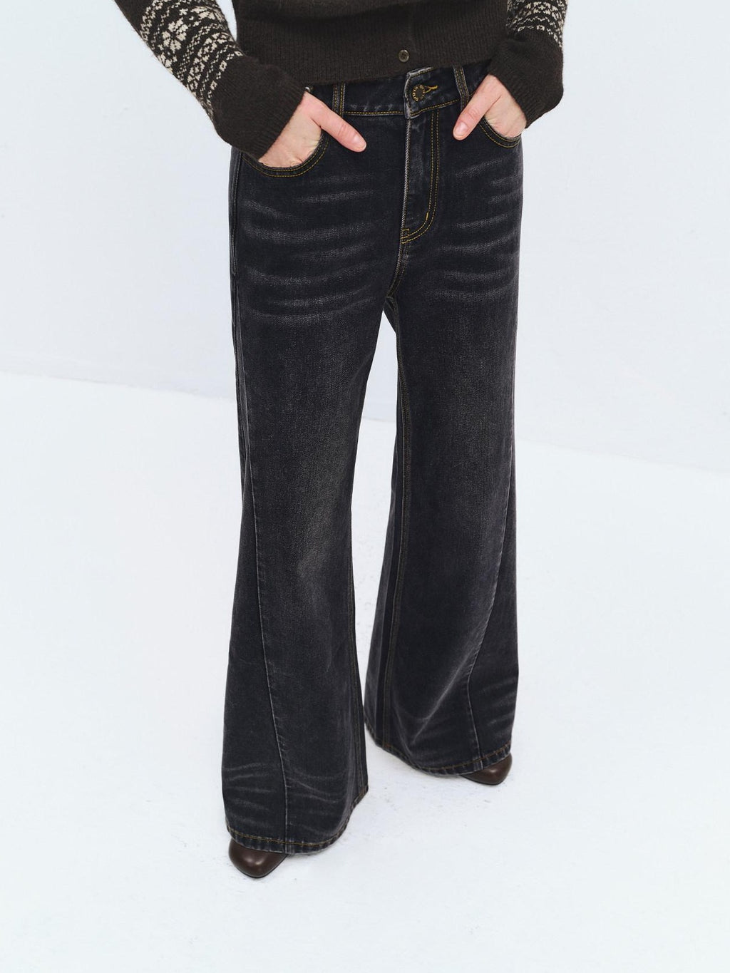someonesometimes Washed High Waist Slim Retro Button Fly Womens Dark Gray Jeans