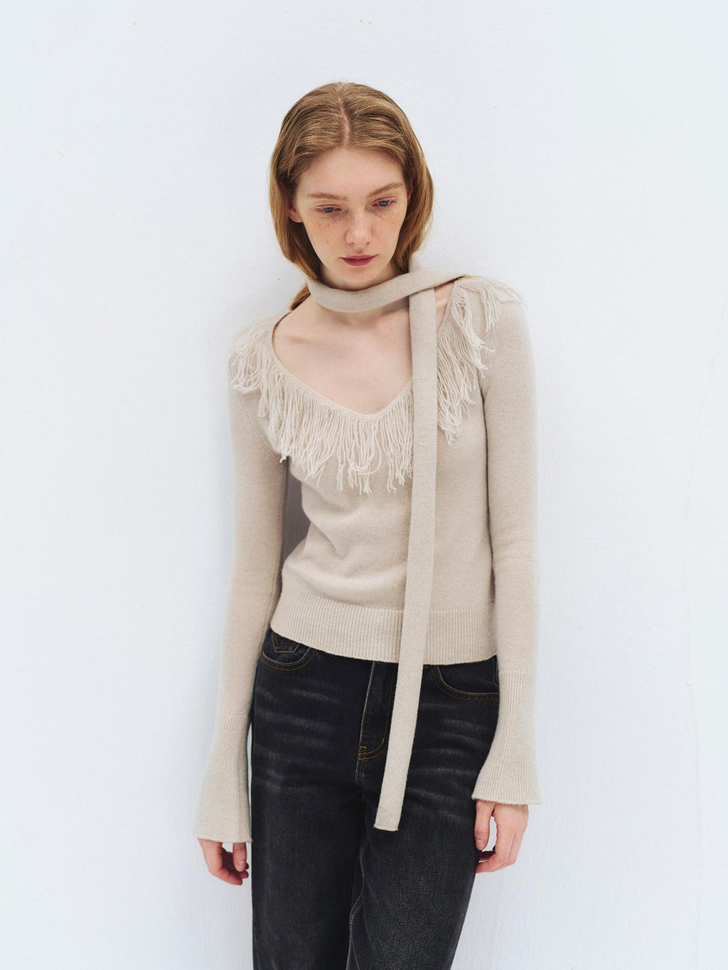 someonesometimes Wool Blend Knit V-neck Bell Sleeve Slim Fit Women Beige Long Sleeve T-Shirts