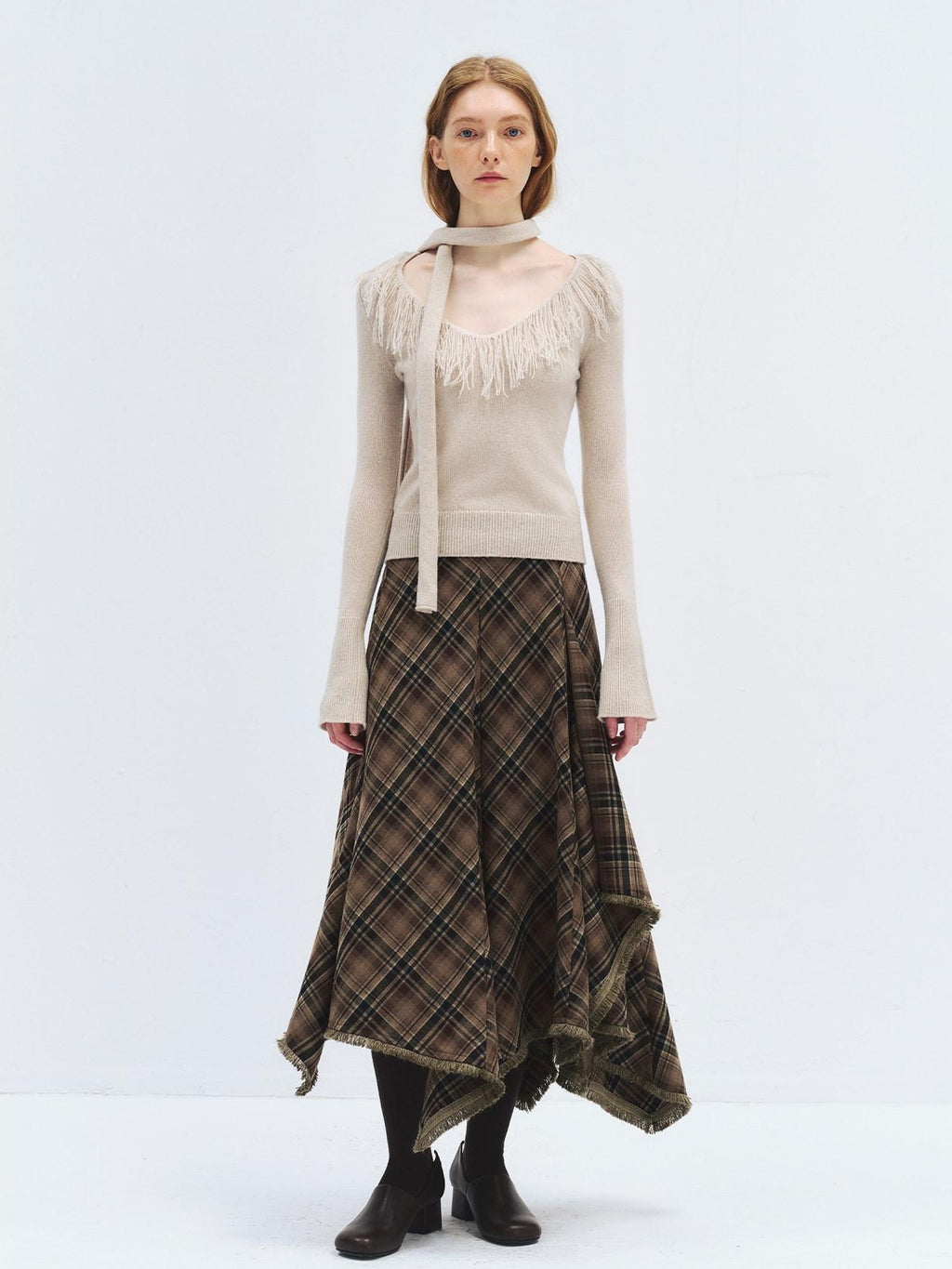 someonesometimes Wool Blend Knit V-neck Bell Sleeve Slim Fit Women Beige Long Sleeve T-Shirts