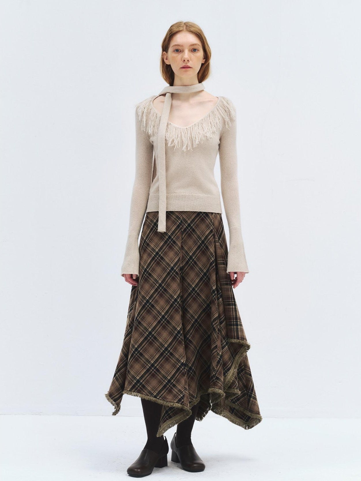 someonesometimes Wool Blend Knit V-neck Bell Sleeve Slim Fit Women Beige Long Sleeve T-Shirts