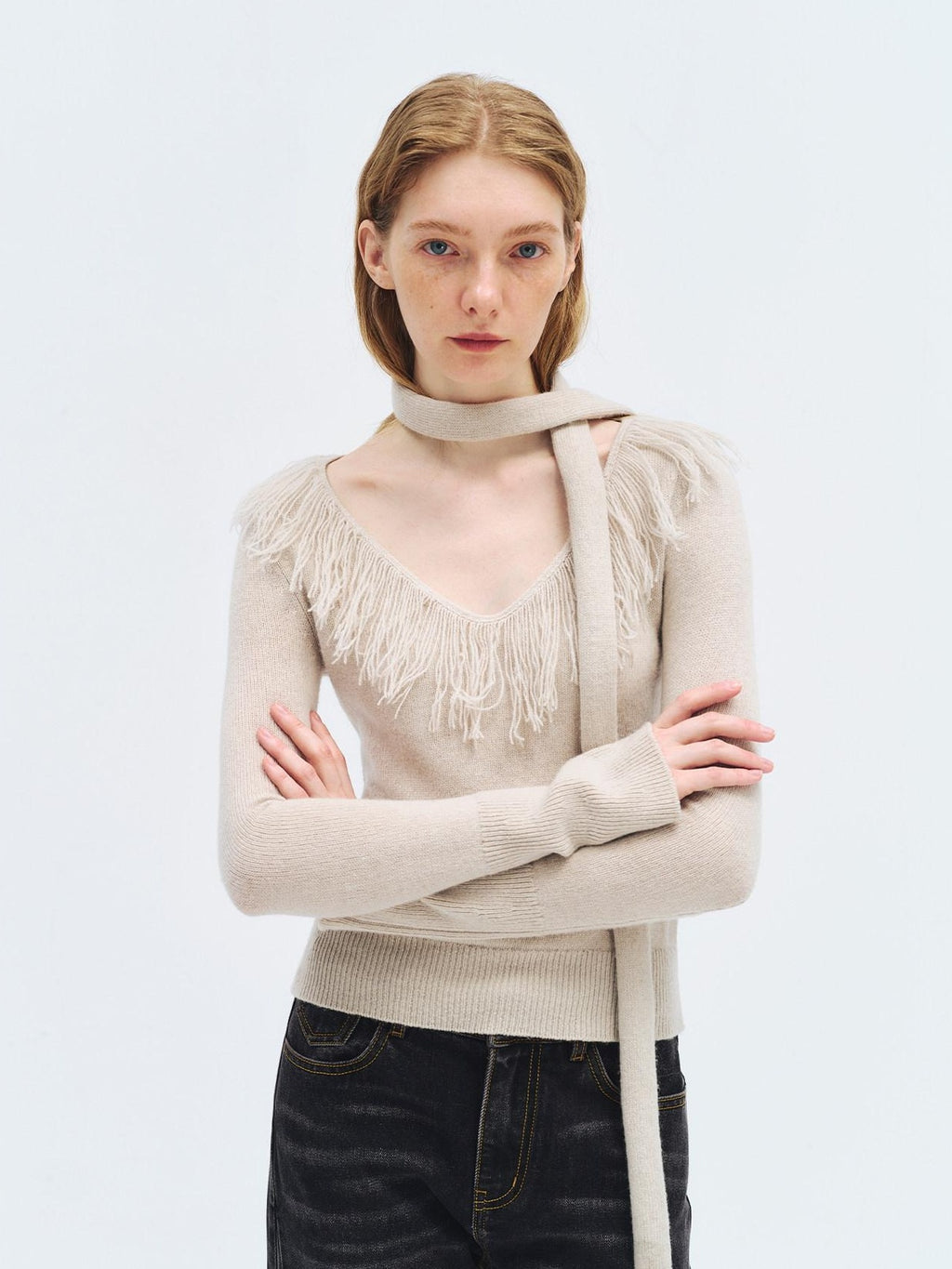 someonesometimes Wool Blend Knit V-neck Bell Sleeve Slim Fit Women Beige Long Sleeve T-Shirts
