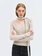 someonesometimes Wool Blend Knit V-neck Bell Sleeve Slim Fit Women Beige Long Sleeve T-Shirts