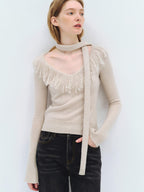 someonesometimes Wool Blend Knit V-neck Bell Sleeve Slim Fit Women Beige Long Sleeve T-Shirts