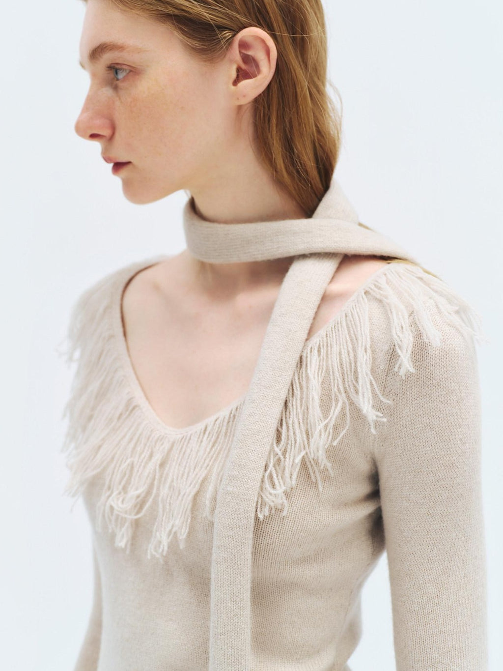 someonesometimes Wool Blend Knit V-neck Bell Sleeve Slim Fit Women Beige Long Sleeve T-Shirts