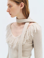someonesometimes Wool Blend Knit V-neck Bell Sleeve Slim Fit Women Beige Long Sleeve T-Shirts