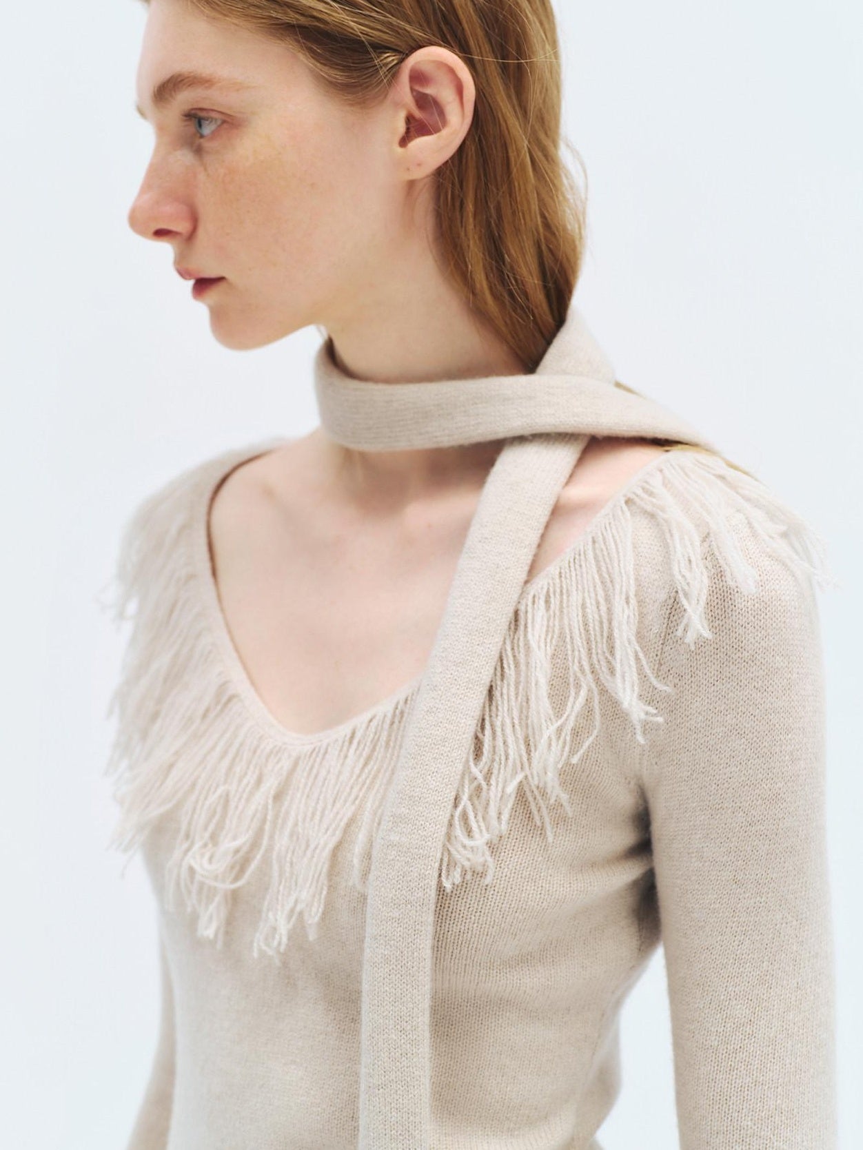 someonesometimes Wool Blend Knit V-neck Bell Sleeve Slim Fit Women Beige Long Sleeve T-Shirts