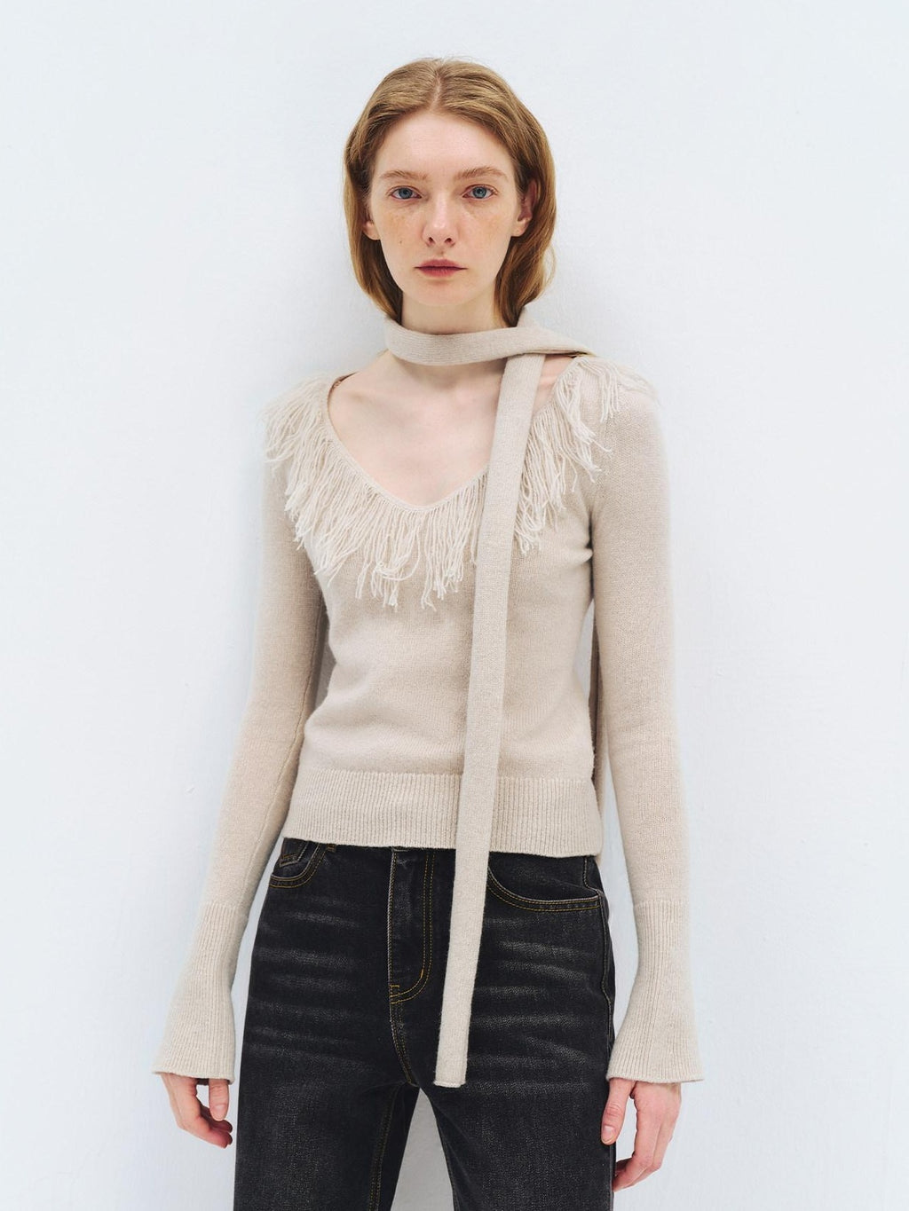 someonesometimes Wool Blend Knit V-neck Bell Sleeve Slim Fit Women Beige Long Sleeve T-Shirts