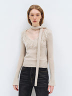 someonesometimes Wool Blend Knit V-neck Bell Sleeve Slim Fit Women Beige Long Sleeve T-Shirts