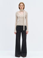 someonesometimes Wool Blend Knit V-neck Bell Sleeve Slim Fit Women Beige Long Sleeve T-Shirts