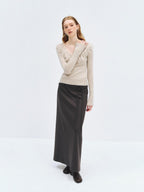 someonesometimes Wool Blend Knit V-neck Bell Sleeve Slim Fit Women Beige Long Sleeve T-Shirts
