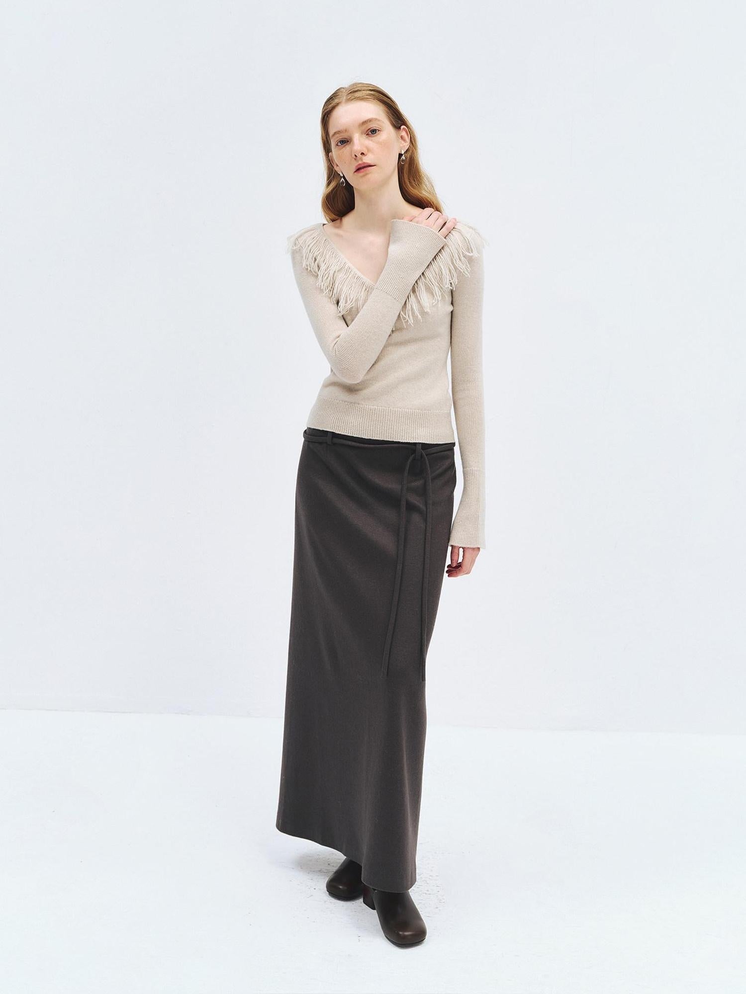 someonesometimes Wool Blend Knit V-neck Bell Sleeve Slim Fit Women Beige Long Sleeve T-Shirts