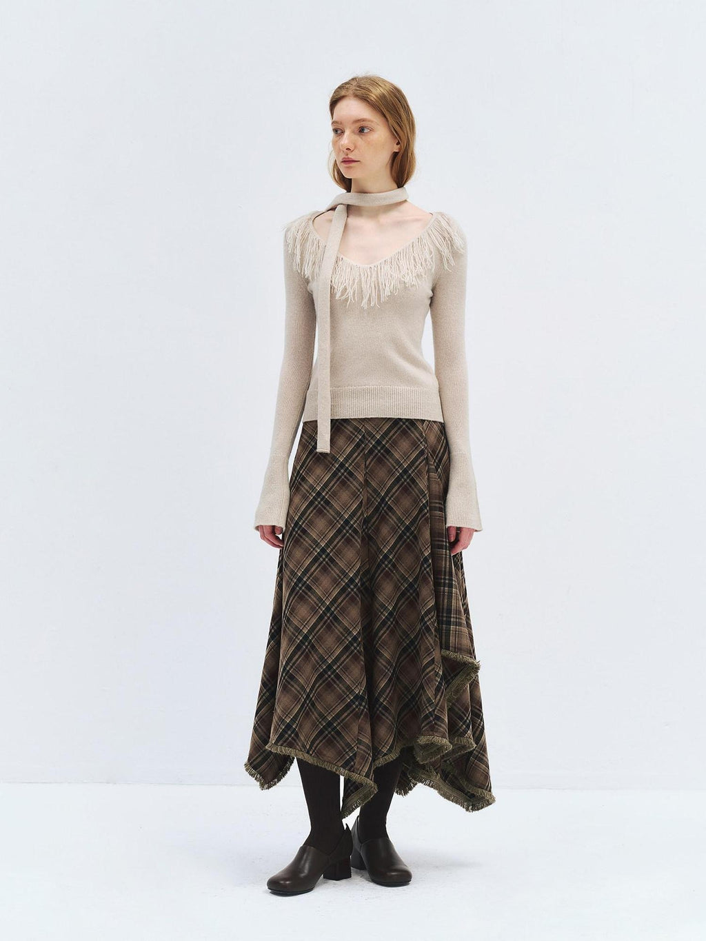 someonesometimes Wool Blend Knit V-neck Bell Sleeve Slim Fit Women Beige Long Sleeve T-Shirts