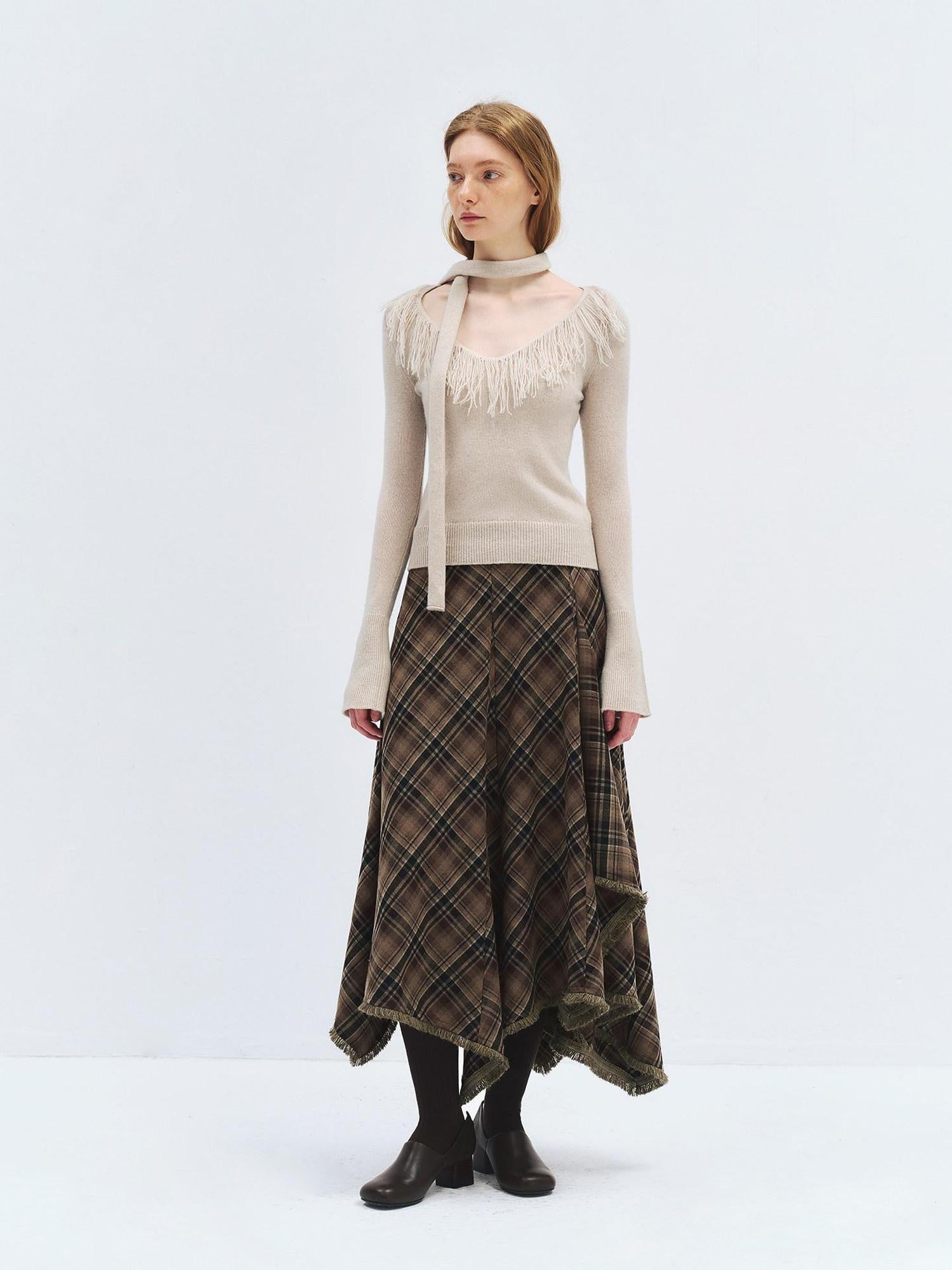 someonesometimes Wool Blend Knit V-neck Bell Sleeve Slim Fit Women Beige Long Sleeve T-Shirts