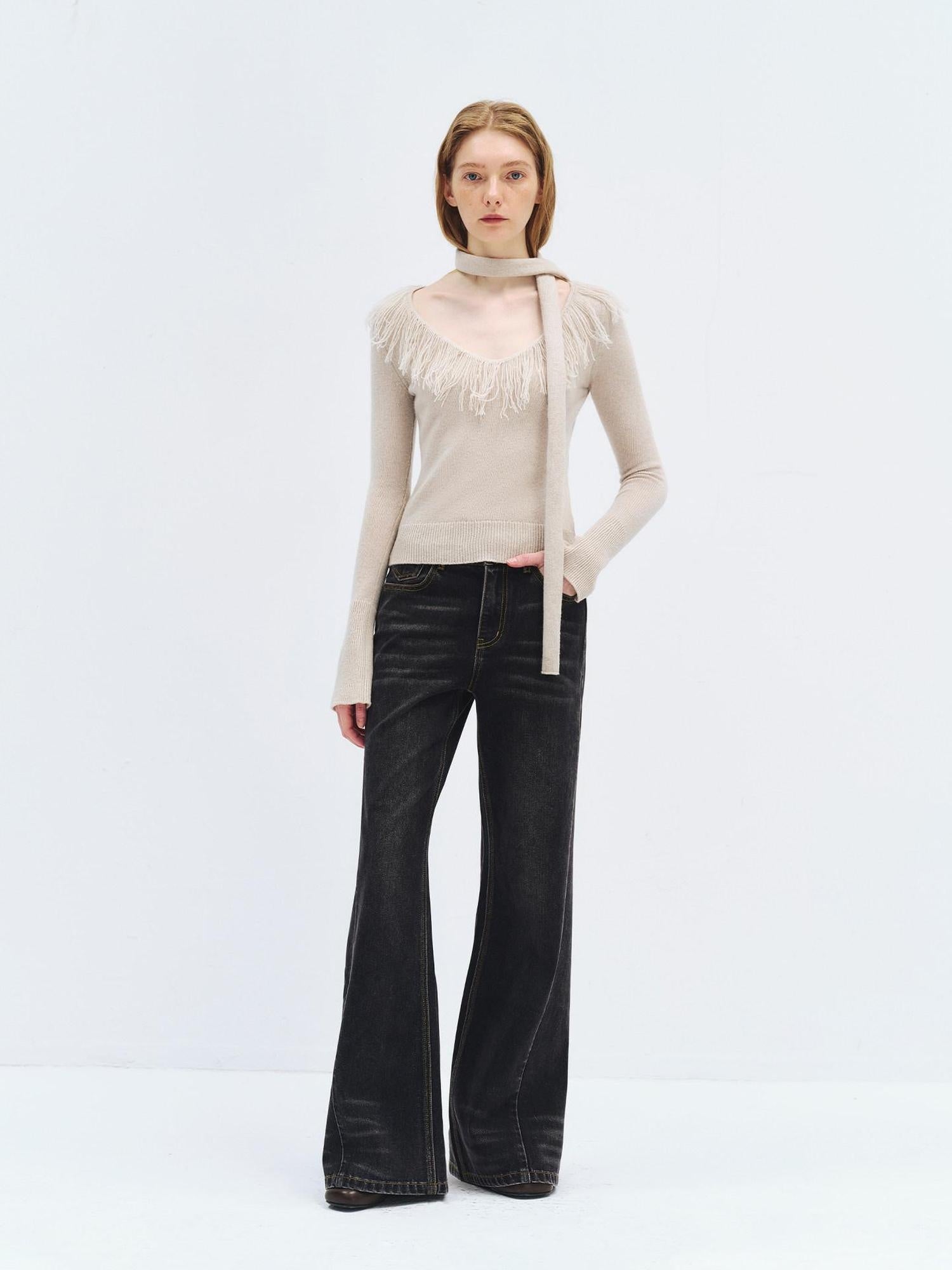 someonesometimes Wool Blend Knit V-neck Bell Sleeve Slim Fit Women Beige Long Sleeve T-Shirts