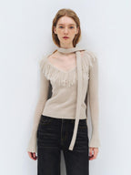 someonesometimes Wool Blend Knit V-neck Bell Sleeve Slim Fit Women Beige Long Sleeve T-Shirts