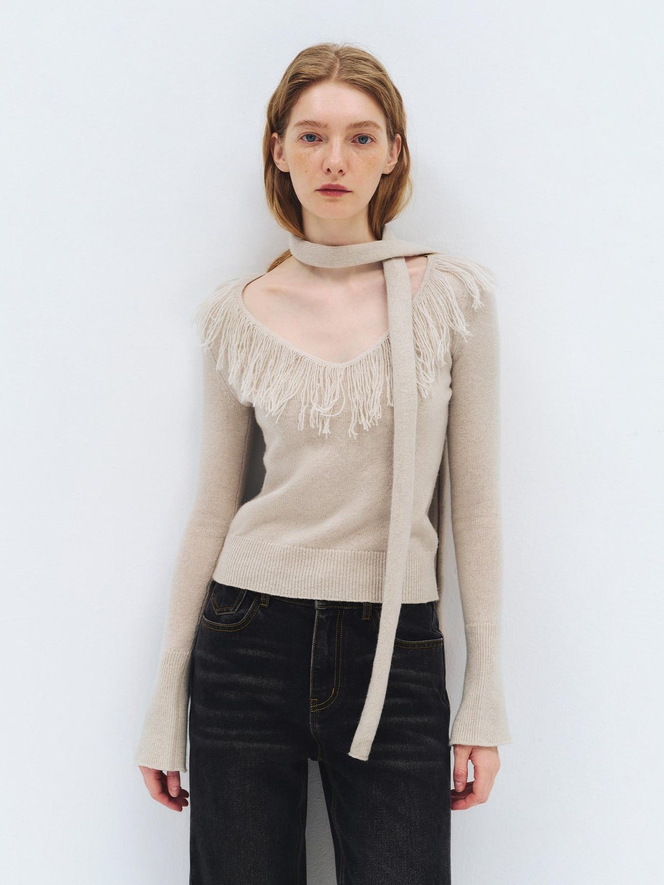 someonesometimes Wool Blend Knit V-neck Bell Sleeve Slim Fit Women Beige Long Sleeve T-Shirts