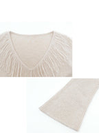 someonesometimes Wool Blend Knit V-neck Bell Sleeve Slim Fit Women Beige Long Sleeve T-Shirts