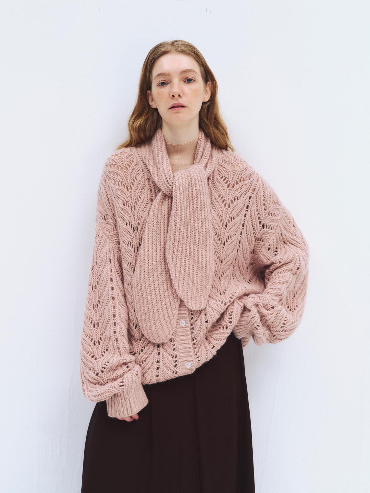 someonesometimes Wool Blend Relaxed Oversized Tie Pullover Light Blush Women Knit Cardigans