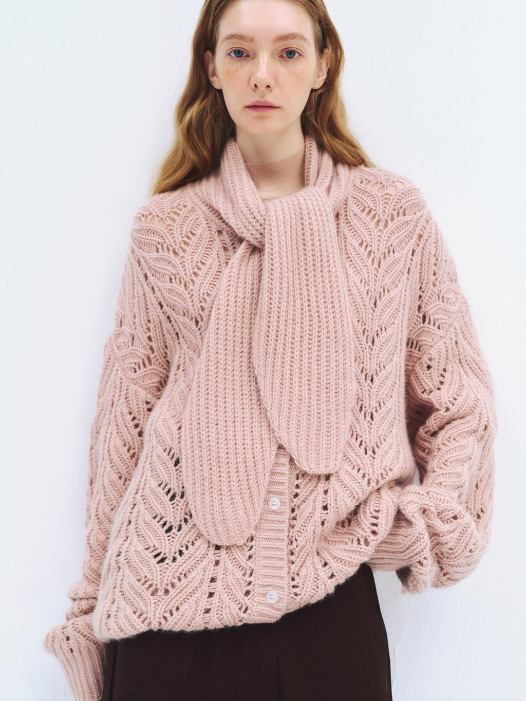 someonesometimes Wool Blend Relaxed Oversized Tie Pullover Light Blush Women Knit Cardigans