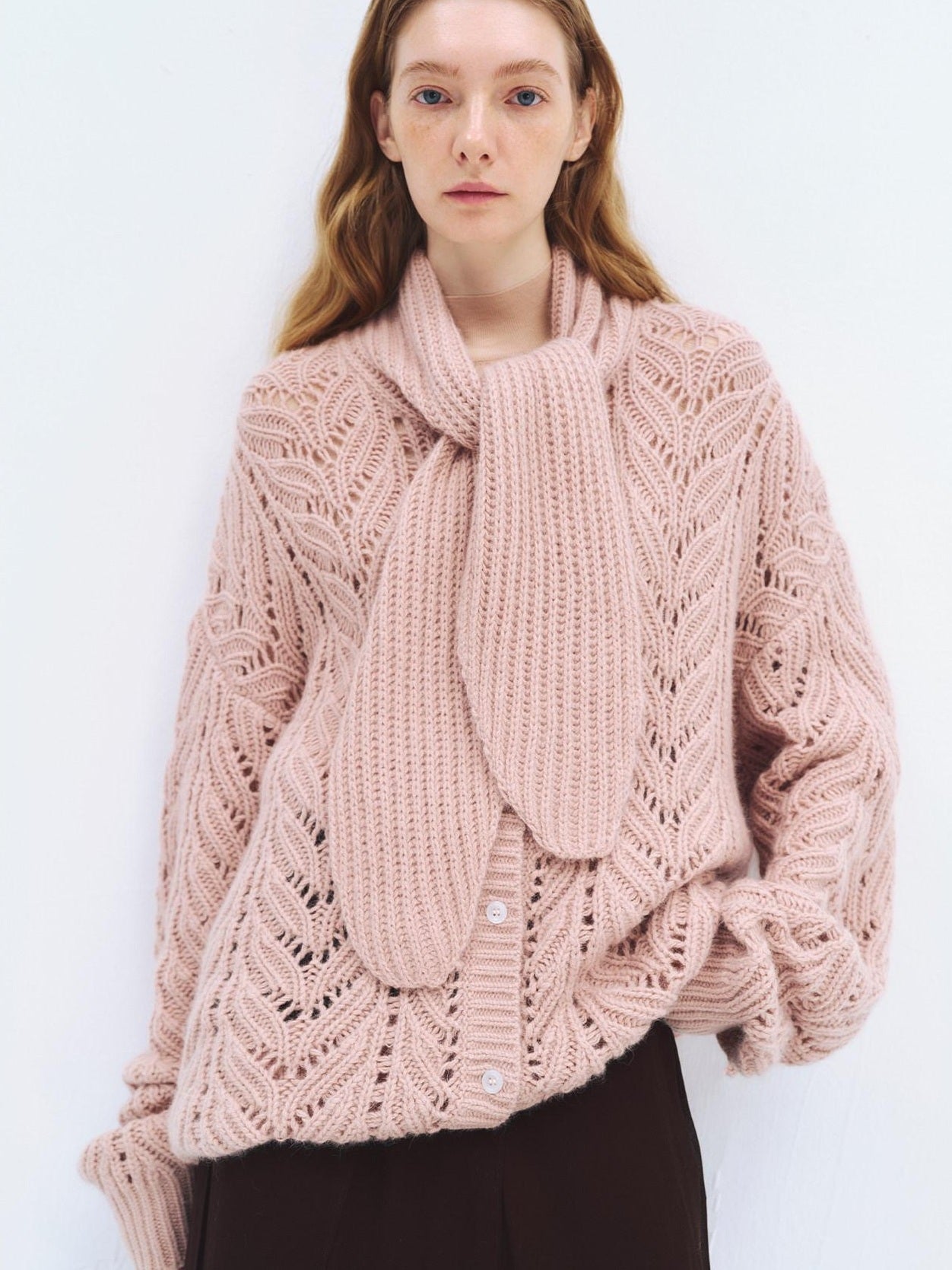 someonesometimes Wool Blend Relaxed Oversized Tie Pullover Light Blush Women Knit Cardigans
