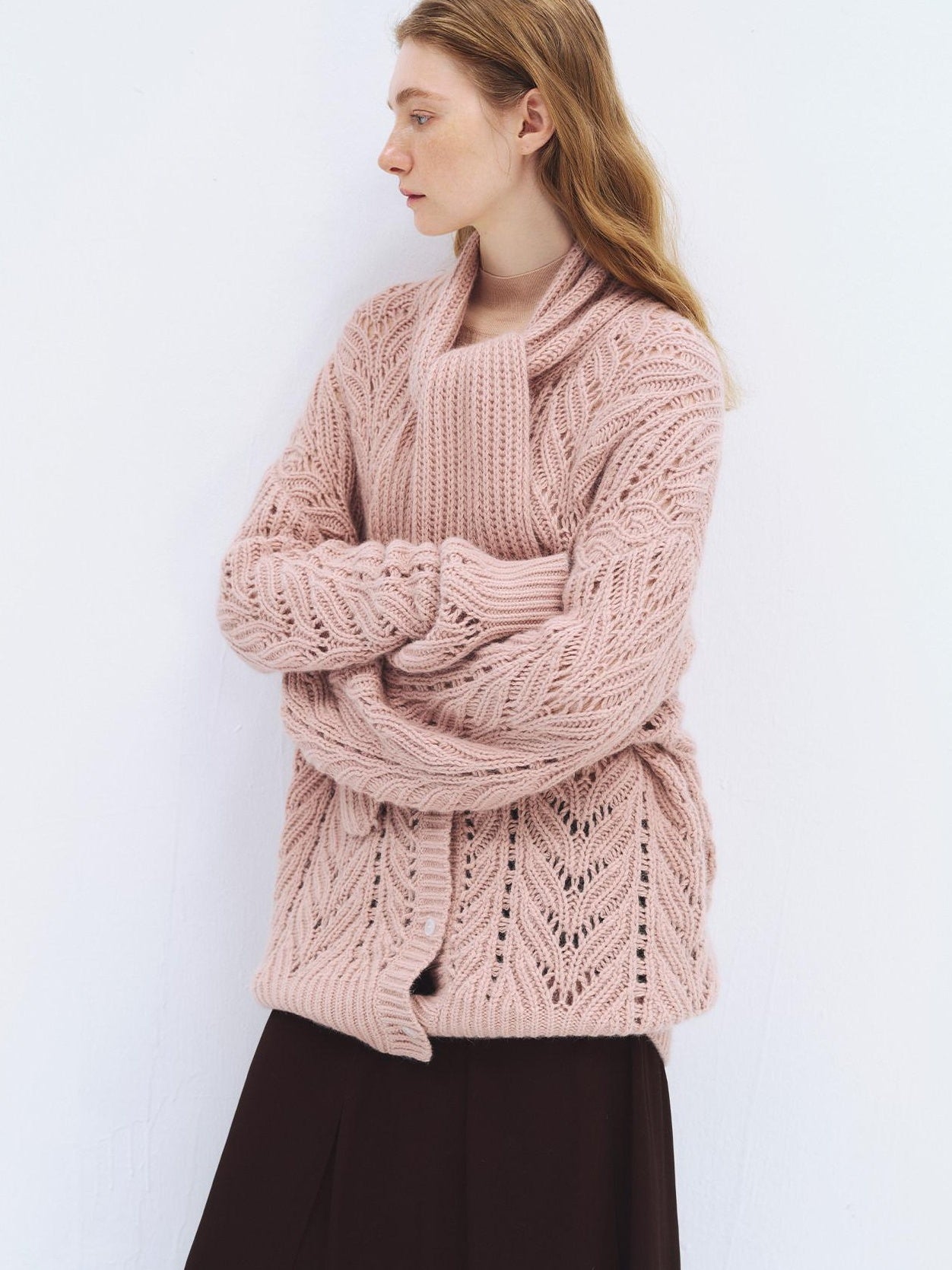 someonesometimes Wool Blend Relaxed Oversized Tie Pullover Light Blush Women Knit Cardigans